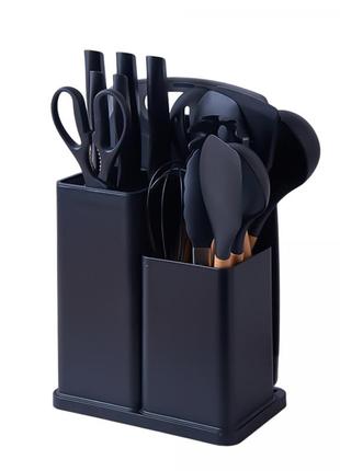 Набір кухонного приладдя на підставці 19 штук кухонні аксесуари з силікону з бамбуковою ручкою чорний2 фото