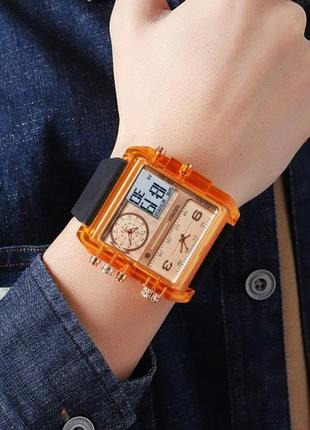 Большие прямоугольные мужские наручные часы skmei 2020 amber-transparent5 фото
