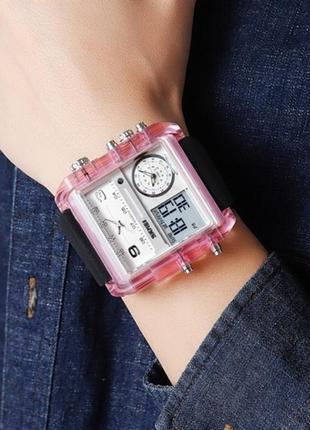 Многофункциональные цифровые наручные часы skmei 2020 pink-transparent прямоугольные большие5 фото