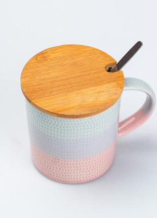 Чашка з бамбуковою кришкою та ложкою керамічна 350 мл рожевий3 фото
