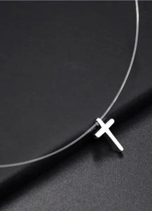 Чокер кулон крестик серебро на силиконовой нитке цепочку застежка3 фото