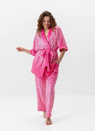 Комплект жіночий із плюшевого велюру штани та халат рожевий леопард 3420_l 15965 l