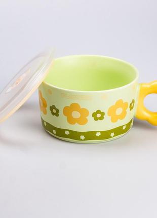Чашка бульонница керамическая 750 мл с пластиковой крышкой "цветок" зеленая супница миска для лапши3 фото