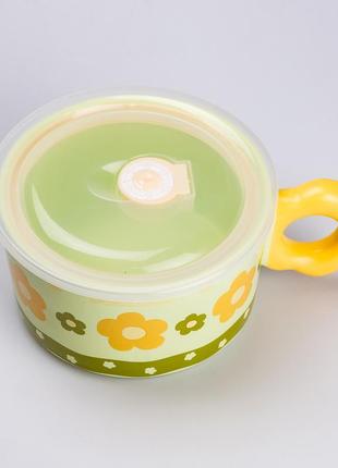 Чашка бульонница керамическая 750 мл с пластиковой крышкой "цветок" зеленая супница миска для лапши4 фото