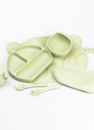 Детский набор силиконовой посуды для кормления ребенка 7 предметов оливковый1 фото