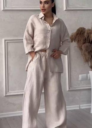 Женский костюм свободного кроя рубашка застежка пуговицы + штаны пояс на резинке кармана лен жатка2 фото