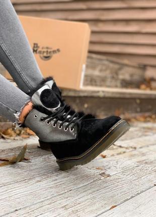 Женские ботинки dr.martens black/silver fur (мех)7 фото