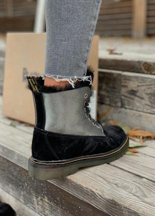 Женские ботинки dr.martens black/silver fur (мех)9 фото