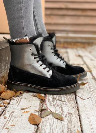 Женские ботинки dr.martens black/silver fur (мех)10 фото