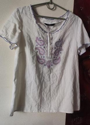 Блузка белоснежная с сиреневой вышивкой, вышиванка р.12(44-48) 💯% cotton2 фото