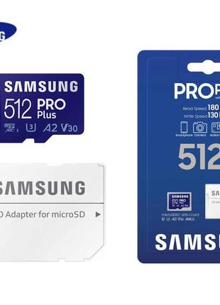 Карта пам'яті samsung 512gb pro plus 180mb/s microsdxc uhs-i u3 4k v30 a2 + адаптер sd