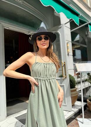 Літній, легкий сарафан міді з відкритою спинкою і розрізом на нозі, жниварка льон, хакі, беж