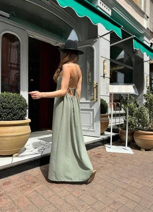 Літній, легкий сарафан міді з відкритою спинкою і розрізом на нозі, жниварка льон, хакі, беж