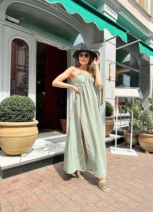 Літній, легкий сарафан міді з відкритою спинкою і розрізом на нозі, жниварка льон, хакі, беж