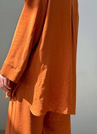 Костюм двойка рубашка + штаны лён - жатка молочный коричневый малиновый терракотовый блуза туника накидка кимоно широкие брюки палаццо на резинке8 фото