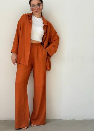 Костюм двойка рубашка + штаны лён - жатка молочный коричневый малиновый терракотовый блуза туника накидка кимоно широкие брюки палаццо на резинке3 фото