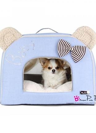 Будиночок для собак і кішок тканинний pretty pet у формі ведмедика з вушками блакитного та бежевого кольору3 фото