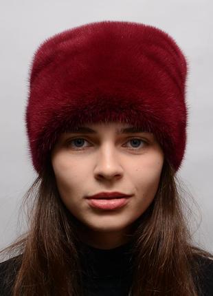 Бордовая норковая женская шапка1 фото