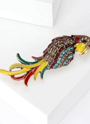 Яскрава брошка папуга 🦜 кольорова емаль, кристали, тропічна птиця2 фото
