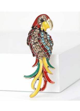 Яркая брошь попугай 🦜 цветная эмаль, кристаллы, тропическая птица