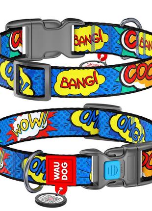 Нашийник для собак нейлоновий waudog nylon з qr паспортом, малюнок "вау", пластиковий фастекс, ш 25 мм, дов