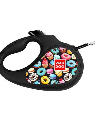 Повідець-рулетка для собак waudog r-leash, малюнок "пончики", s, до 15 кг, 5 м, світловідбиваюча стрічка