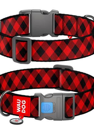 Нашийник для собак нейлоновий waudog nylon з qr паспортом, малюнок "шотландка червона", пластиковий фастекс,