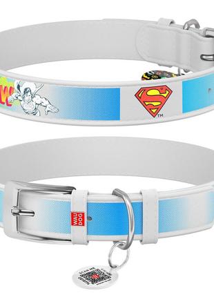 Нашийник для собак шкіряний waudog design з qr паспортом, малюнок "супермен2", ш 35 мм, дов 44-58 см білий