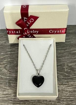 Натуральный камень чёрный агат кулон в форме мини сердечка на цепочке - оригинальный подарок девушке4 фото