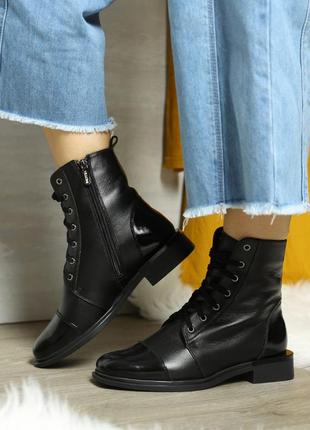 Зимние женские черные кожаные замшевые ботинки с квадратным носом