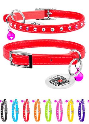 Нашийник "waudog glamour" з резинкою, клейовими стразами, для котів (ширина 9мм, довжина 22-30см) червоний