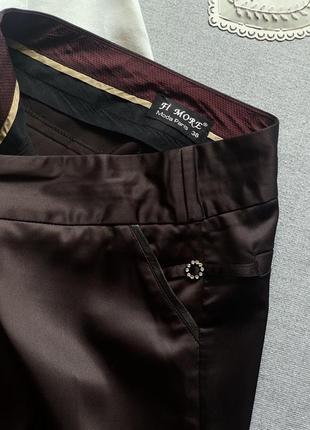 Атласные французкие брюки палаццо клеш fi more коричневые расширенные высокая посадка6 фото
