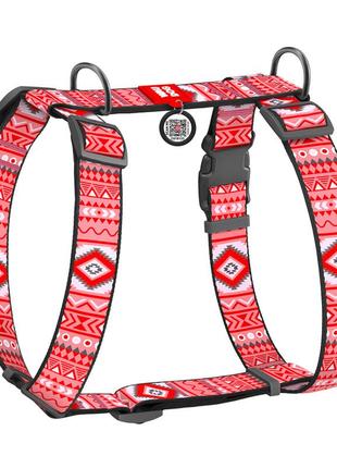 Шлея для собак анатомічна h-подібна waudog nylon з qr-паспортом, малюнок "етно червоний", пластиковий фастекс,