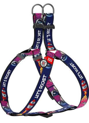 Шлея для собак нейлонова waudog nylon з qr-паспортом, малюнок "космос. ракета", пластиковий фастекс, l, ш 25