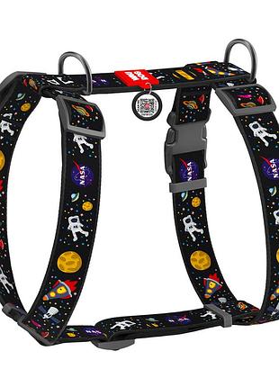 Шлея для собак анатомічна h-подібна waudog nylon з qr-паспортом, малюнок "nasa", пластиковий фастекс, xl, ш 35