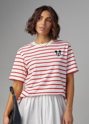 Женская футболка в полоску с вышитым микки маусом4 фото