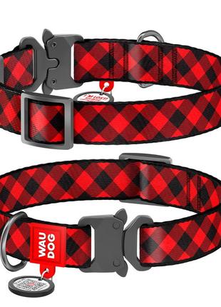 Нашийник для собак нейлоновий waudog nylon з qr паспортом, малюнок "шотландка червона", металічна