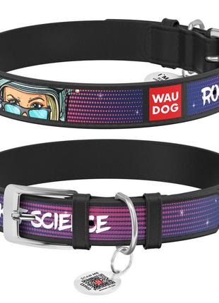 Нашийник для собак шкіряний waudog design з qr паспортом, малюнок "космос. ракетобудування", l, ш 25 мм, дов