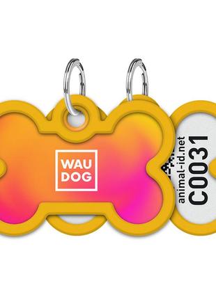 Адресник для собак і котів металевий waudog smart id з qr паспортом, малюнок "градієнт помаранчевий", кістка,