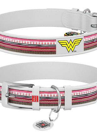 Нашийник для собак шкіряний waudog design з qr паспортом, малюнок "чудо-жінка", ш 25 мм, дов 38-49 см, білий