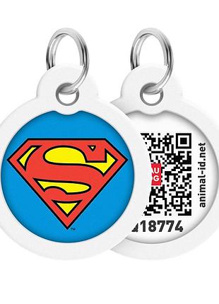 Адресник для собак і котів металевий waudog smart id з qr паспортом, малюнок "супермен-герой", коло, д 30 мм