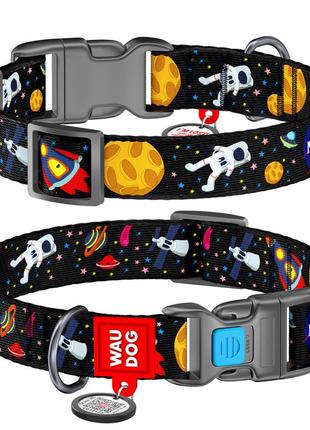 Нашийник для собак нейлоновий waudog nylon з qr паспортом, малюнок "nasa", пластиковий фастекс, ш 15 мм, дов