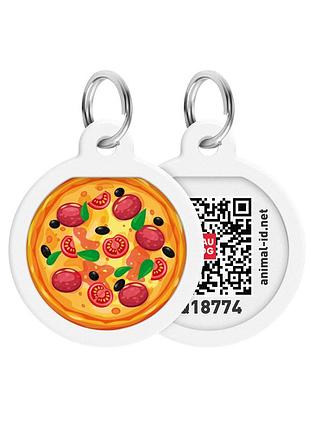 Адресник для собак і котів металевий waudog smart id з qr паспортом, малюнок "піца", коло, д 25 мм