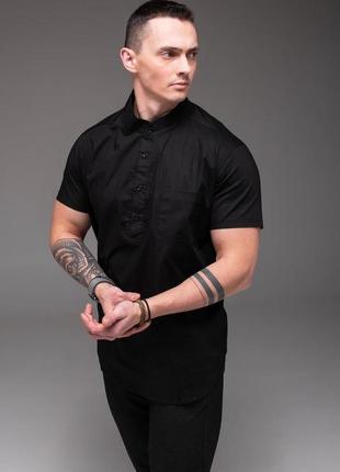 Чорна чоловіча сорочка короткий рукав комір стійка