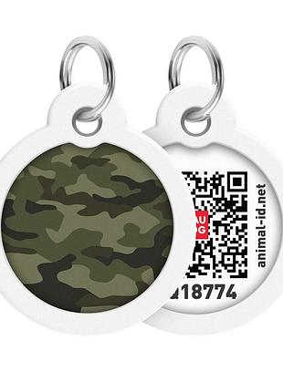 Адресник для собак і котів металевий waudog smart id з qr паспортом, малюнок "камо зелений", коло, д 30 мм
