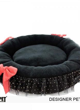 Лежанка для собак и кошек is pet gliter ribbon bed черного цвета плюшевая с кружевом и бантиками1 фото