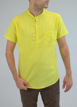 Чоловіча жовта сорочка з кишенею5 фото