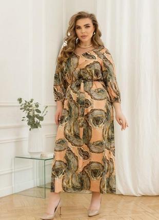 Довге жіноче плаття в підлогу гарне ошатне ефектне із шовку з принтом великі розміри 50-684 фото