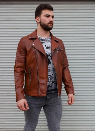 Чоловіча шкіряна куртка косуха коричнева6 фото