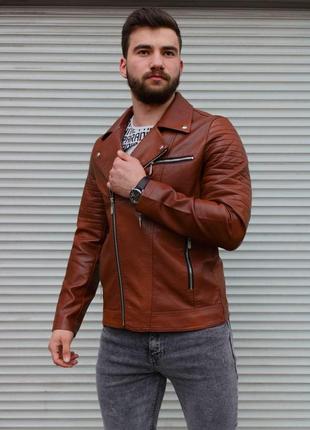 Чоловіча шкіряна куртка косуха коричнева5 фото